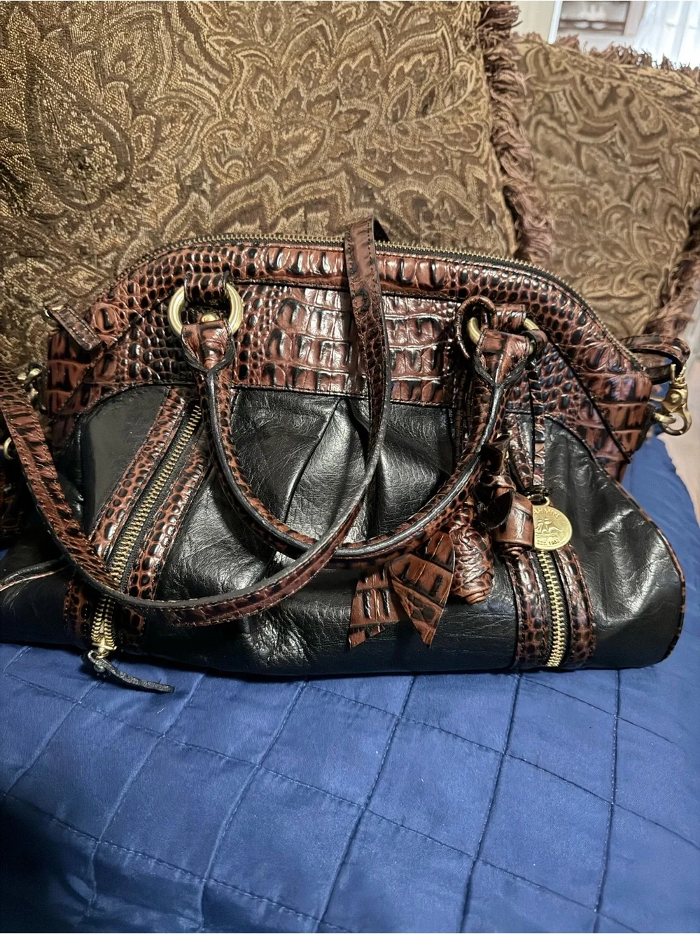 Brahmin Two-Tone Brown Croc-Accent Leather Satchel